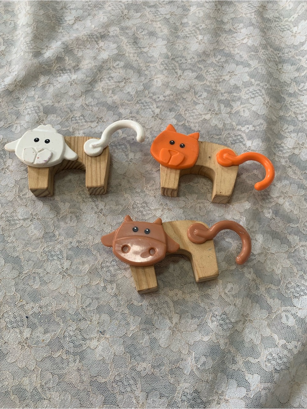 Vintage 2000s Mega Bloks Wood & Plastic Animal Figures Cat, Cow, Sheep Set Of 3